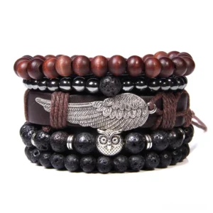 Dark gothic owl pendant bracelet with reddish wooden beads and black stone accents, handmade multi-layer design