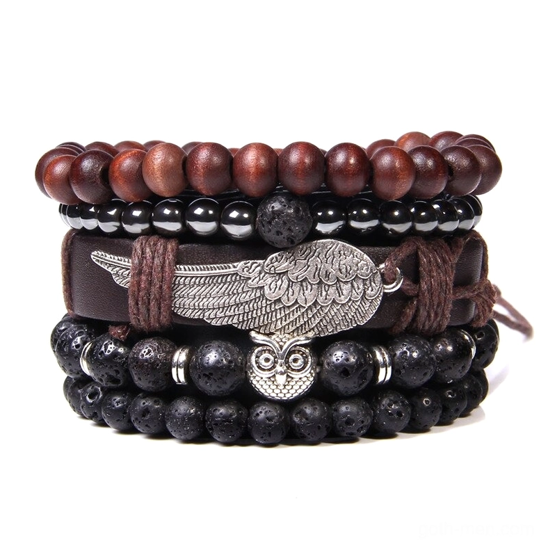 Dark gothic owl pendant bracelet with reddish wooden beads and black stone accents, handmade multi-layer design
