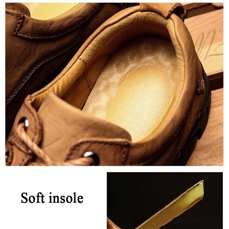Interior view of soft padded EVA insole and leather lining in gothic oxford shoe