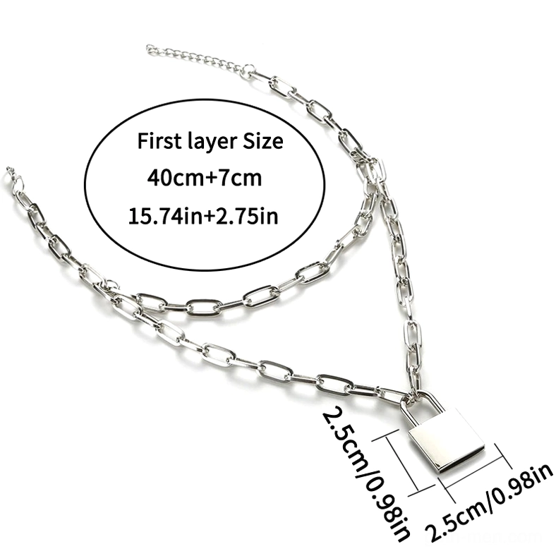 Gothic padlock pendant necklace multi-angle detail shots, silver metal lock charm and chain construction