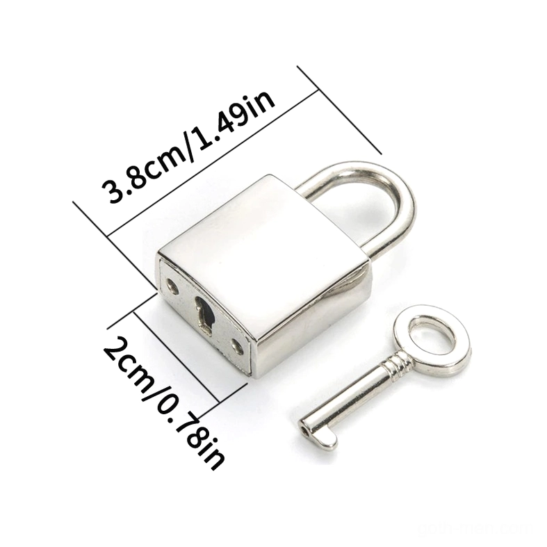 Close-up of square silver padlock with decorative key and product dimension measurements - top view