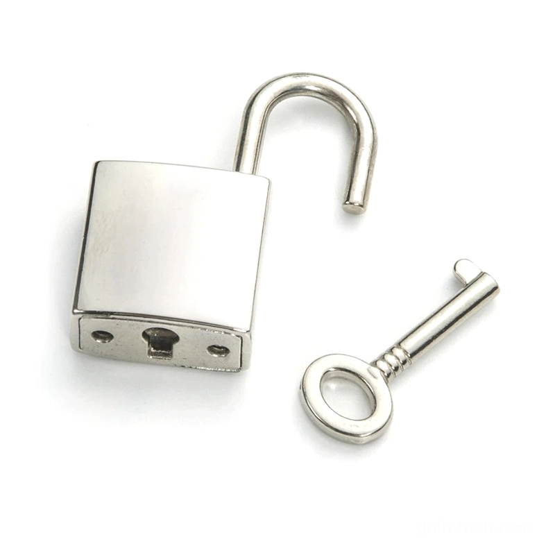 Silver square padlock pendant unlocked showing interior slot and matching decorative key