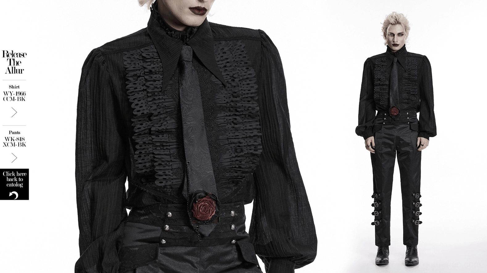 Composite split view showing close-up of black paisley necktie with burgundy rose and full-body model shot demonstrating gothic formal wear styling