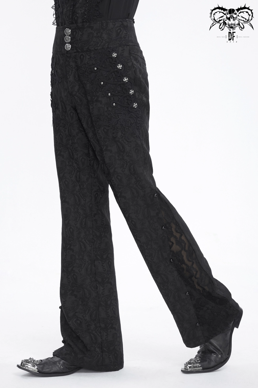 Gothic embroidered trousers detail showing paisley jacquard and decorative button placement