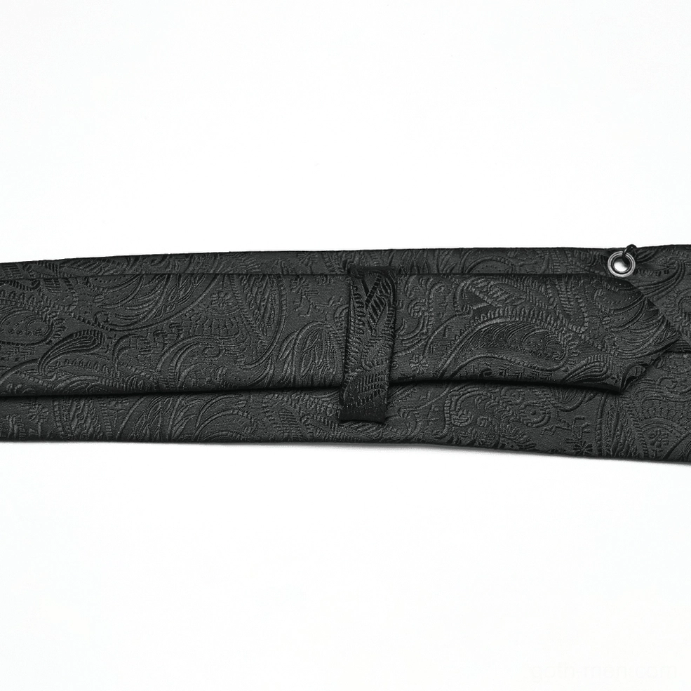 Black paisley gothic necktie back view showing paisley texture pattern, adjustable strap, and metal snap button closure