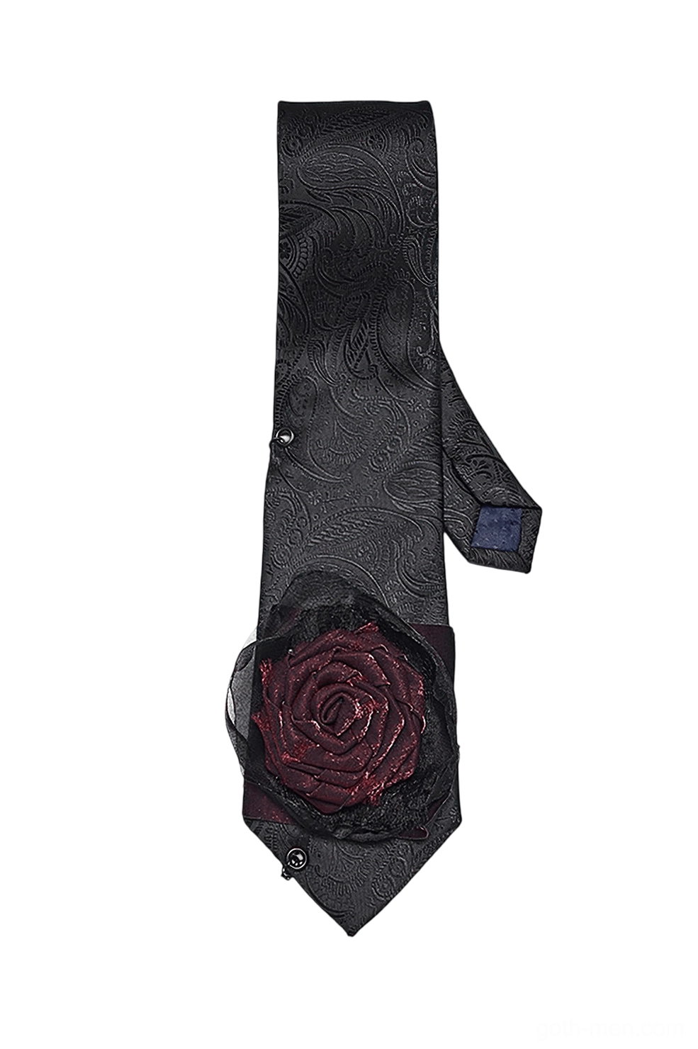 Black paisley gothic necktie flat lay showing 3D burgundy rose ornament and metal snap fasteners, front view against white background