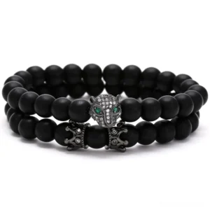 Gun metal black panther beast head gothic bracelet with green gem eyes and volcanic stone beads - dark alternative jewelry