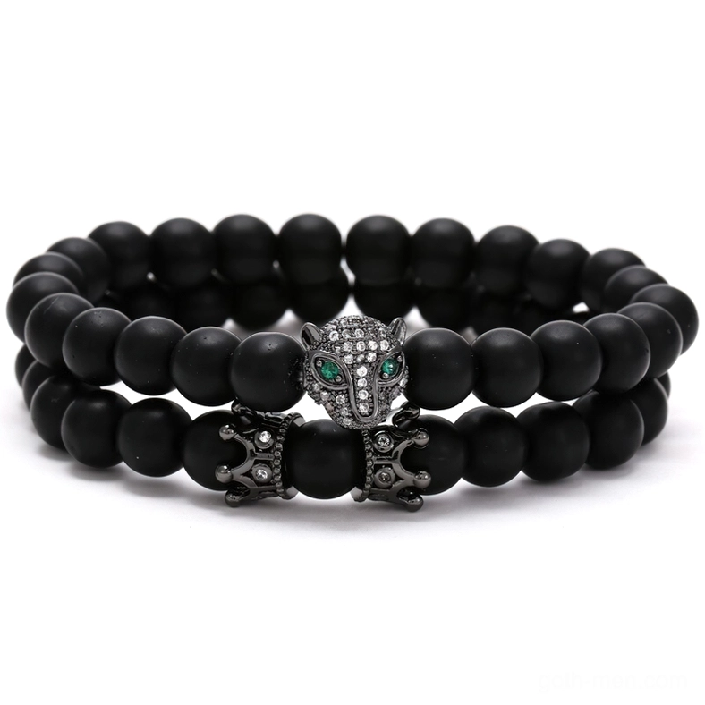 Gun metal black panther beast head gothic bracelet with green gem eyes and volcanic stone beads - dark alternative jewelry