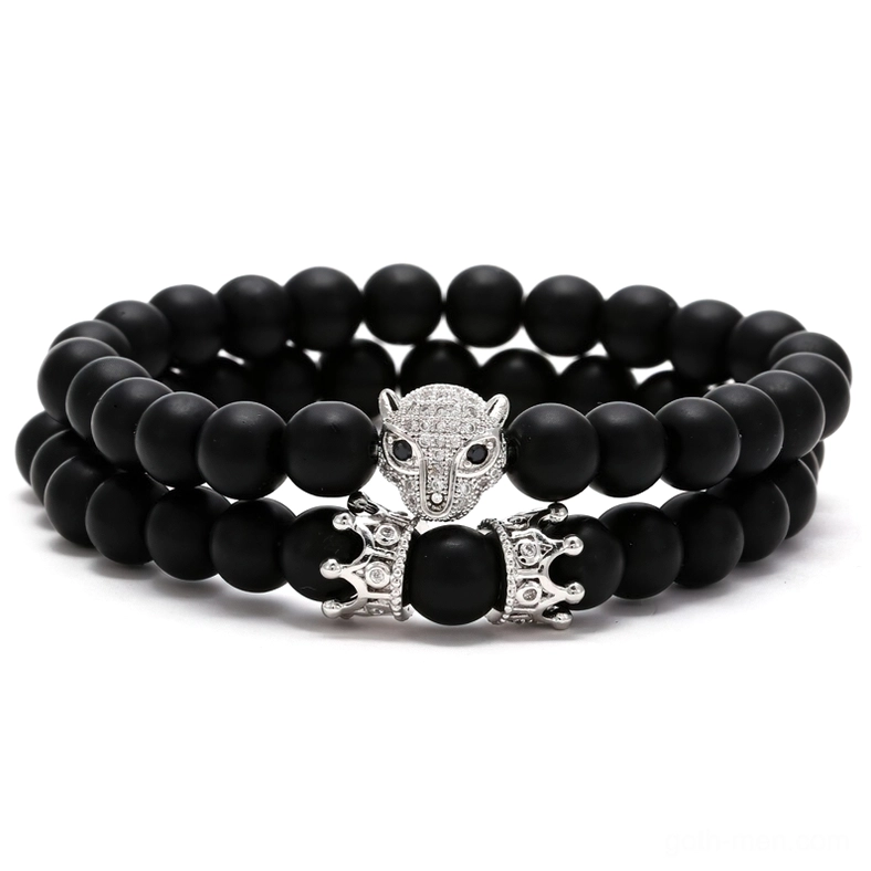 Silver panther beast head gothic bracelet with rhinestones and matte black lava stone beads - lunar mystical design