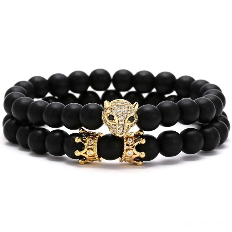 Gold panther beast head gothic lava stone bracelet with rhinestones and dark volcanic beads - occult inspired jewelry