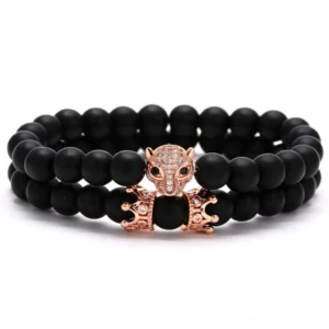 Rose gold panther beast head gothic lava stone bracelet with rhinestones and matte black beads - alternative dark jewelry