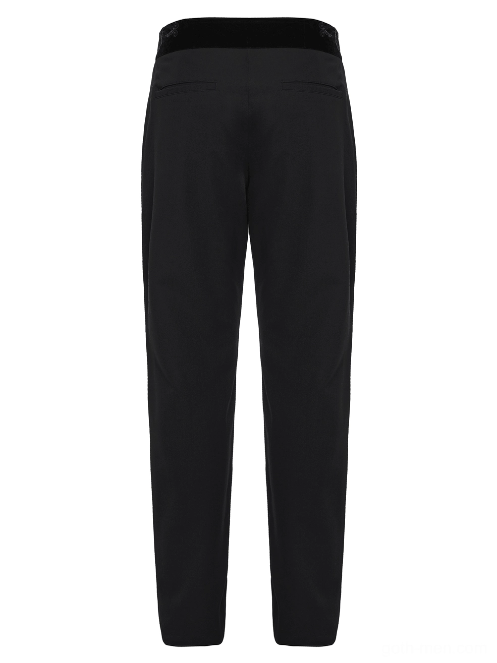 Back view of black gothic pants showing plain waistband and tailored construction