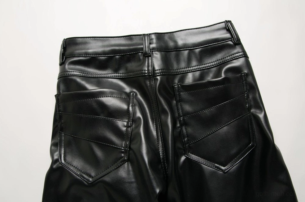 Close-up detail of rear waistband and double-layer flap back pockets on gothic biker pants