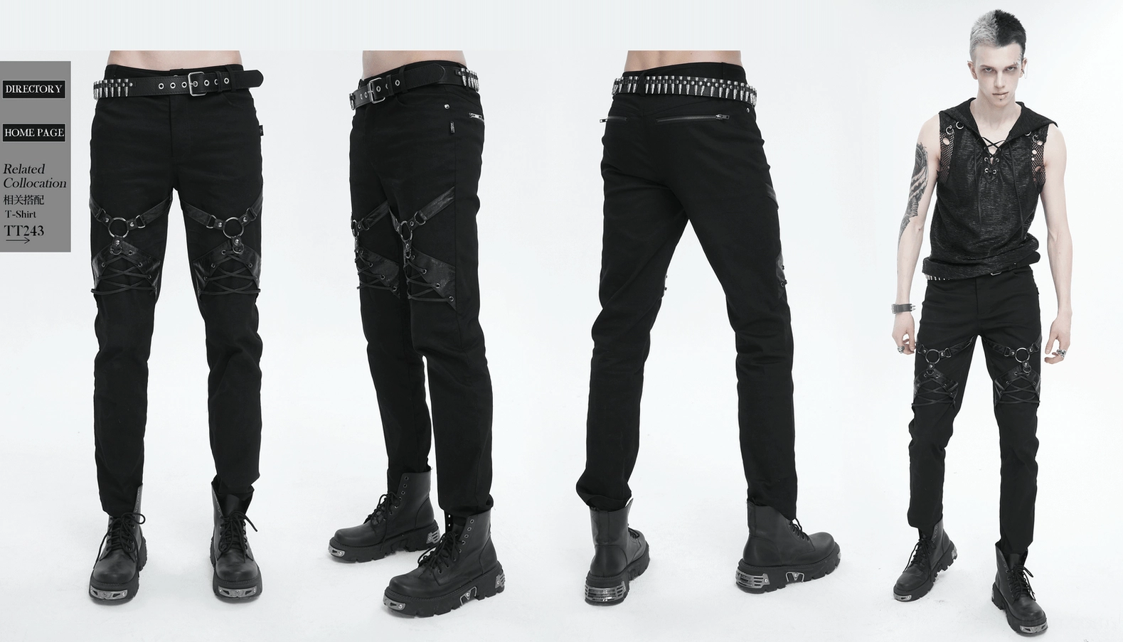 Black gothic slim-fit pants back pocket detail with metal zipper on woven fabric