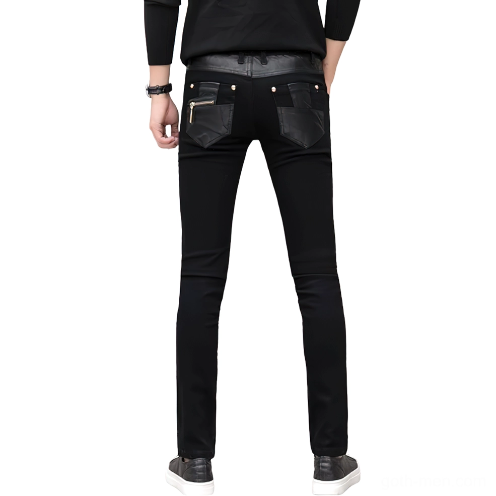 Black gothic pants rear view displaying leather back pockets and waistband construction