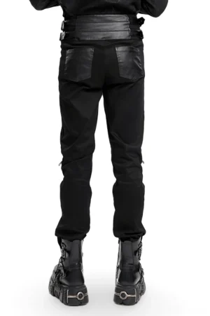 Gothic studded leather pants rear view showing wide waistband and back pockets