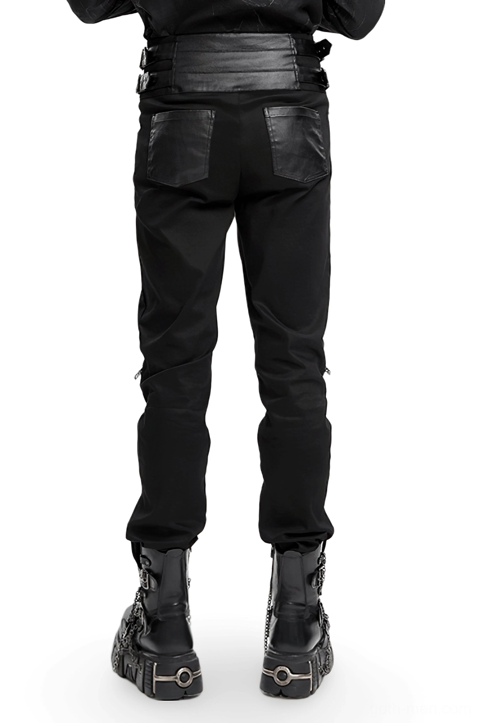 Gothic studded leather pants rear view showing wide waistband and back pockets