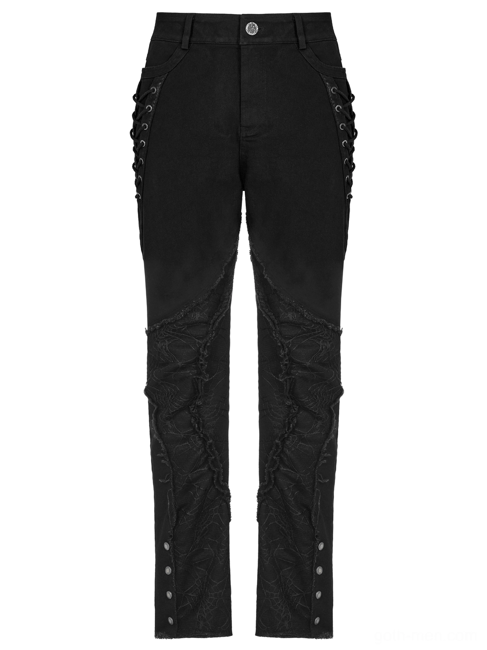 Rear view of black gothic pants showing standard back pockets and straight leg fit design