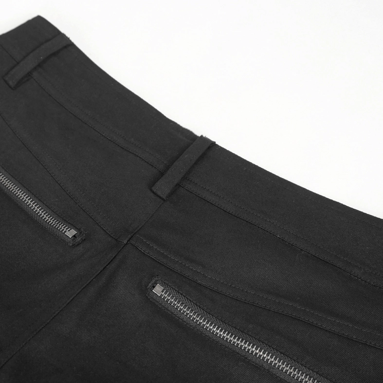 Close-up detail of dual back zipper pockets with black metal hardware on gothic pants