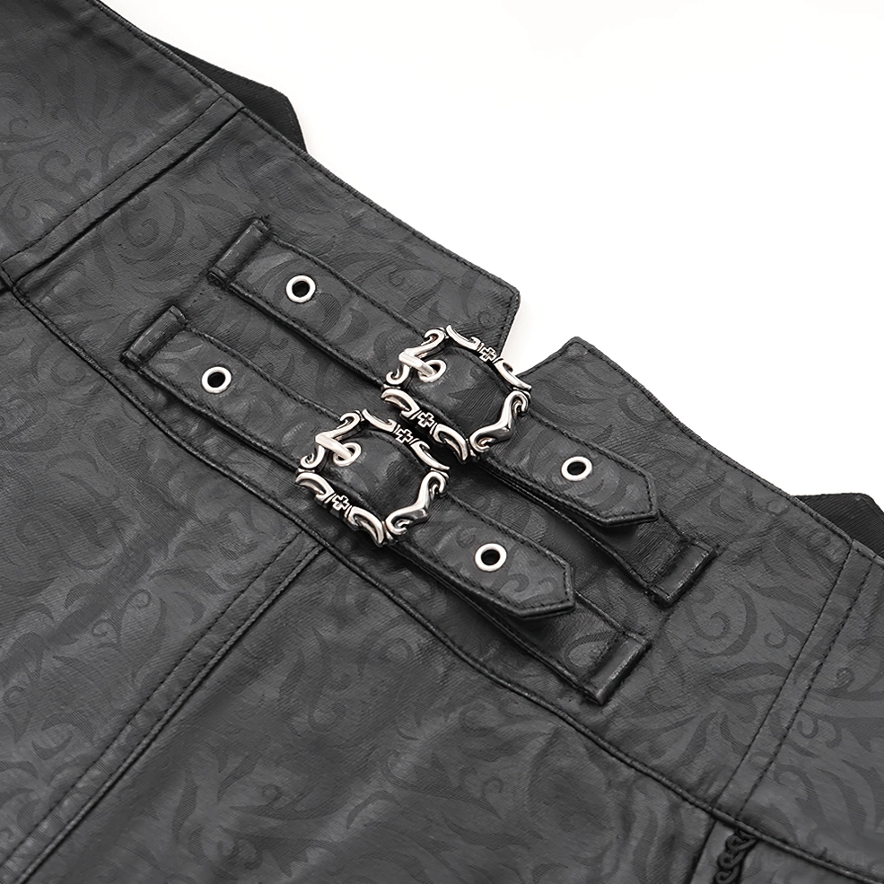 Detailed shot of dual metal buckle straps on gothic pants waistband, displaying carved hardware and side adjustment system