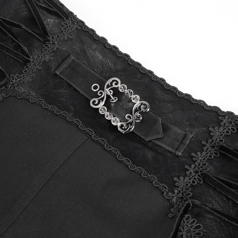 Macro detail of gothic high-waisted trousers ornate silver-toned buckle and embroidered lace edging craftsmanship