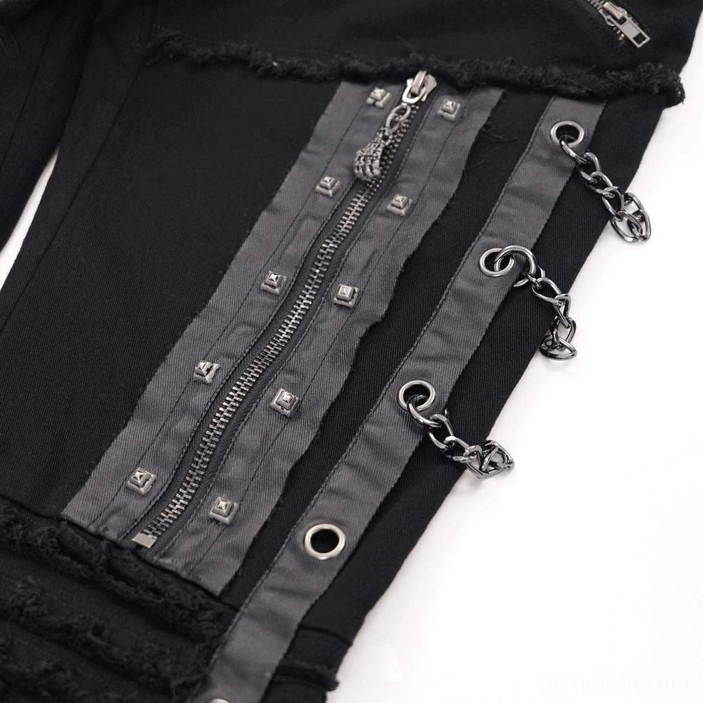 Black gothic slim-fit pants detail close-up showing chain attachment points and hardware construction
