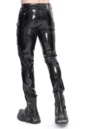Black glossy synthetic leather gothic trousers with chain lace-up side details, rear three-quarter angle displaying back pocket design and sleek silhouette
