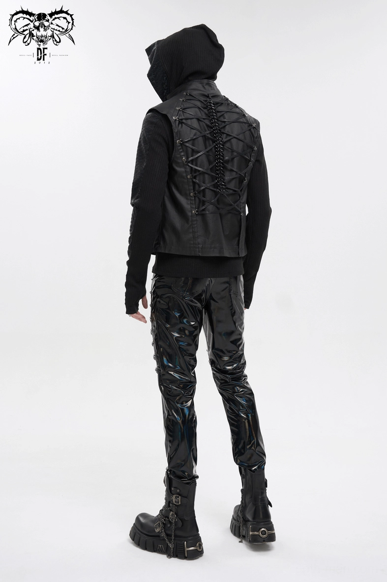 Black iridescent patent leather gothic pants detail shot - punk trousers chain placement and construction