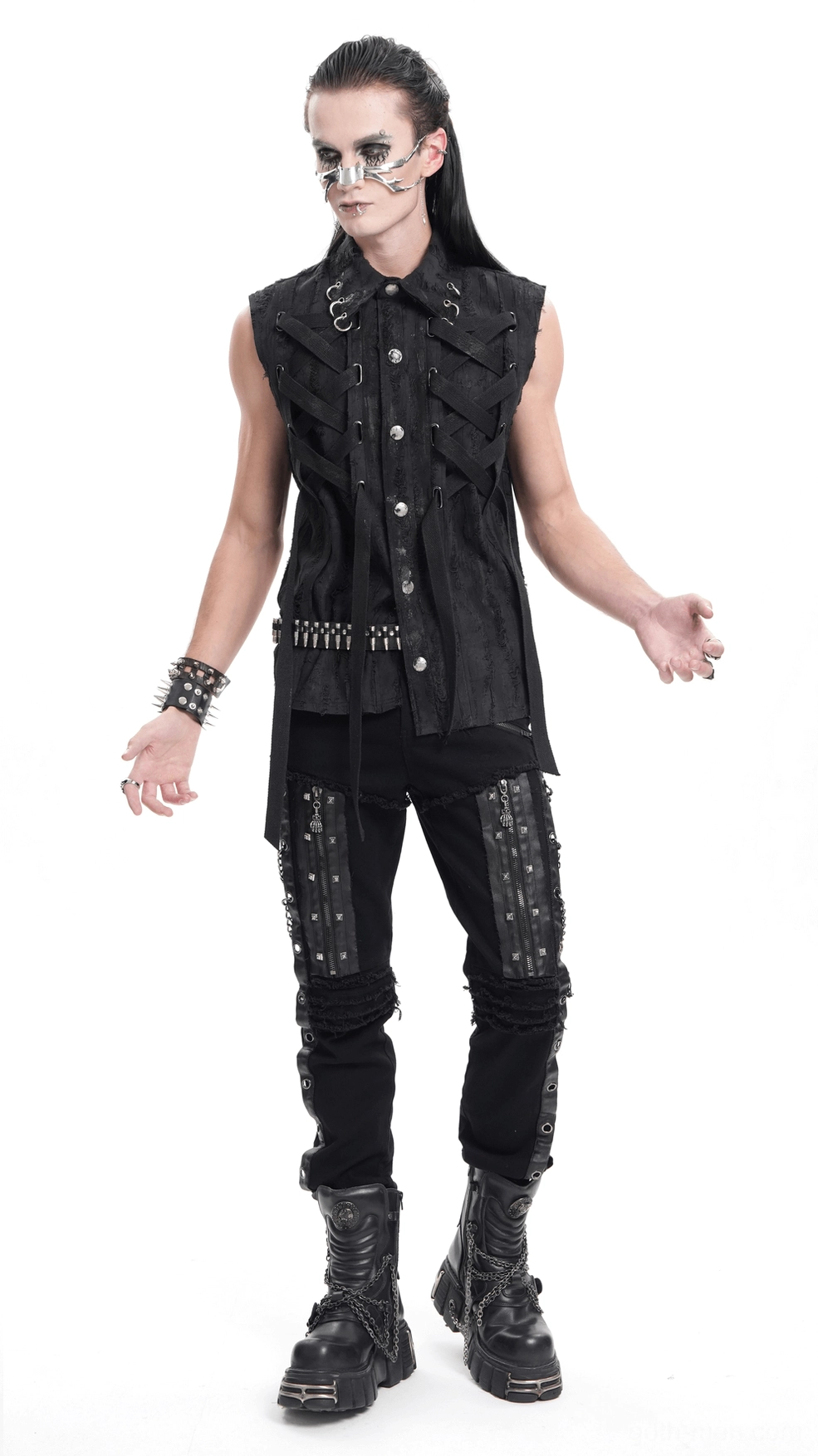 Black gothic slim-fit pants crotch and upper leg detail showing zippered pocket construction