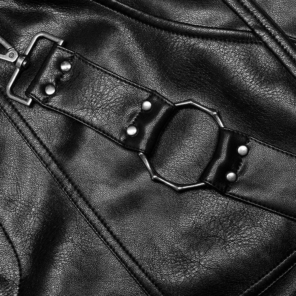 Close-up detail of octagonal D-ring buckle with rivets on gothic leather pants harness