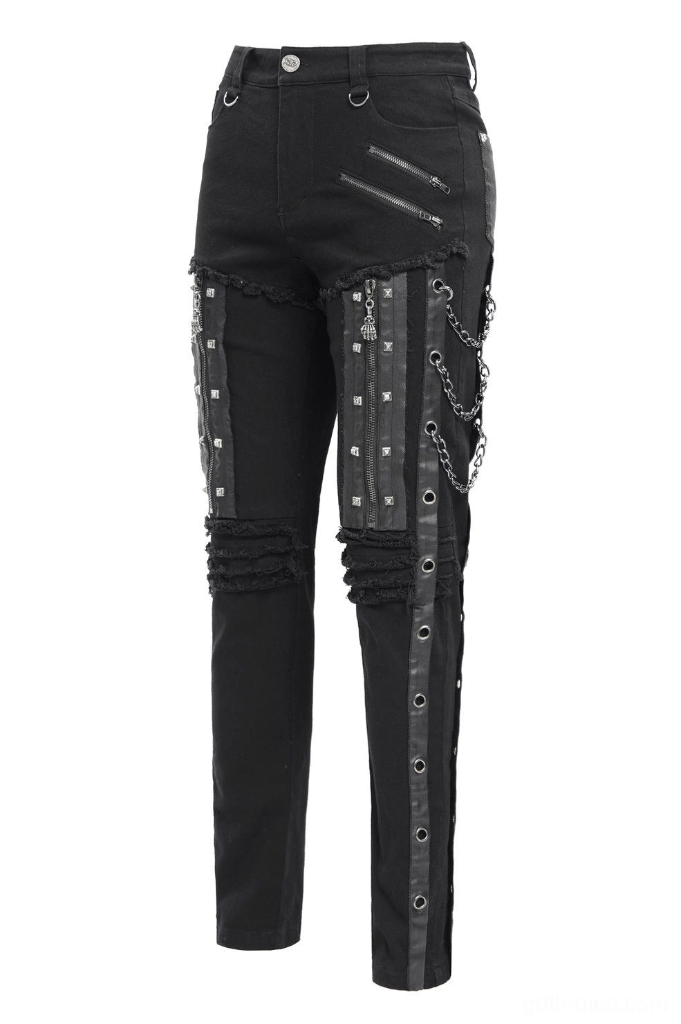 Black gothic slim-fit pants front-side flatlay view highlighting chain decorations and rivet trim