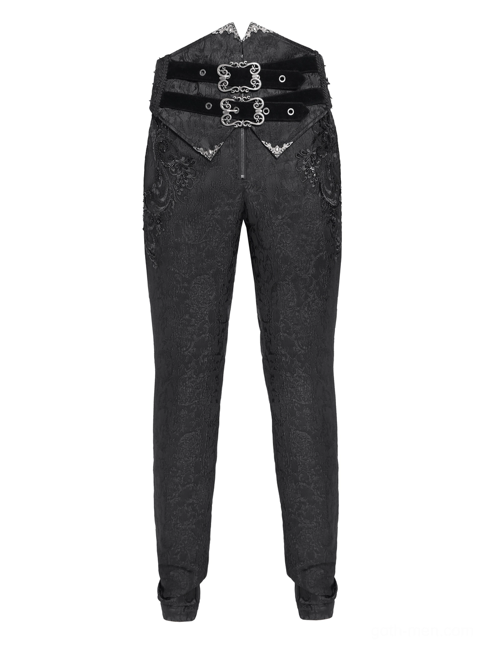 Victorian velvet corset jacquard pants detail - flat lay showing dual buckle waist straps and ornate bead embroidery