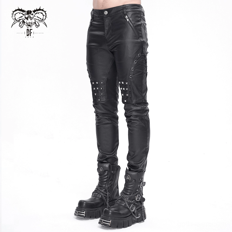 Black leather gothic pants detail showing fitted silhouette and stretch fabric