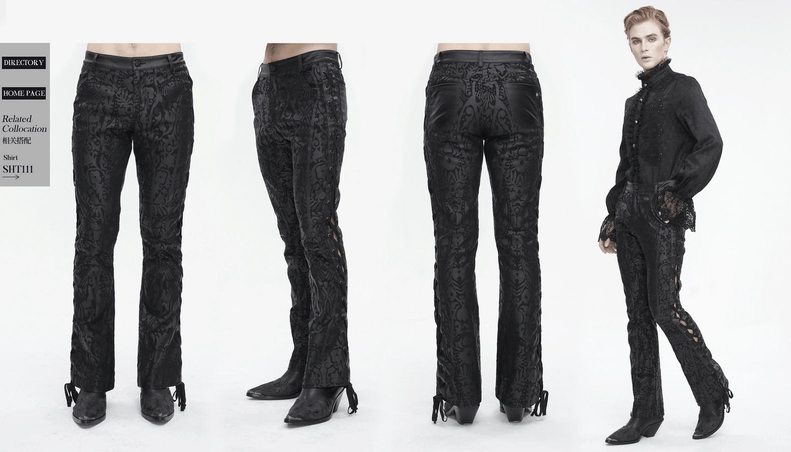 Fitted silhouette of black gothic pants showing damask pattern and tailored construction