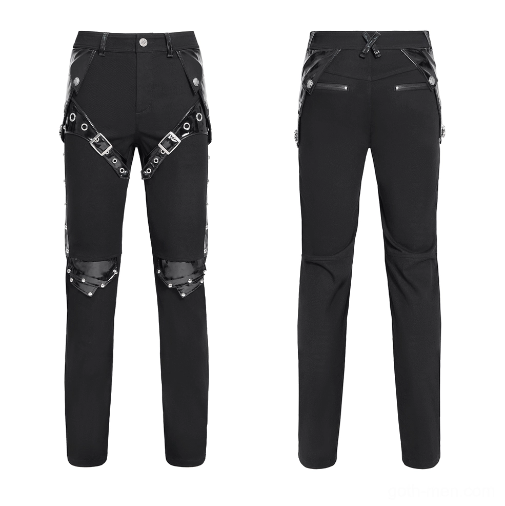 Black gothic leather trousers flat lay front and back view with harness buckles and zipper pockets