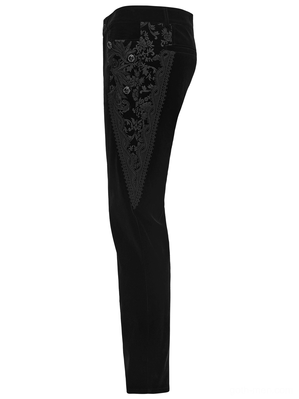 Black velvet pants side flat lay showing large floral embroidery panel and ornate lace embellishment