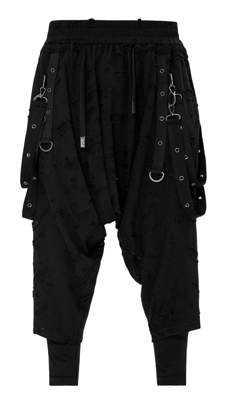 Black gothic cargo pants front flat view with drawstring waist and side strap hardware details