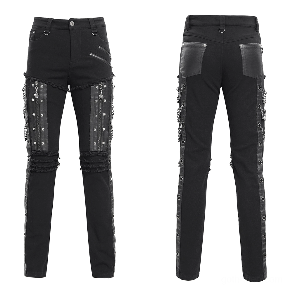 Men's gothic punk slim-fit pants flat lay front showing ripped knee panels and chain accents