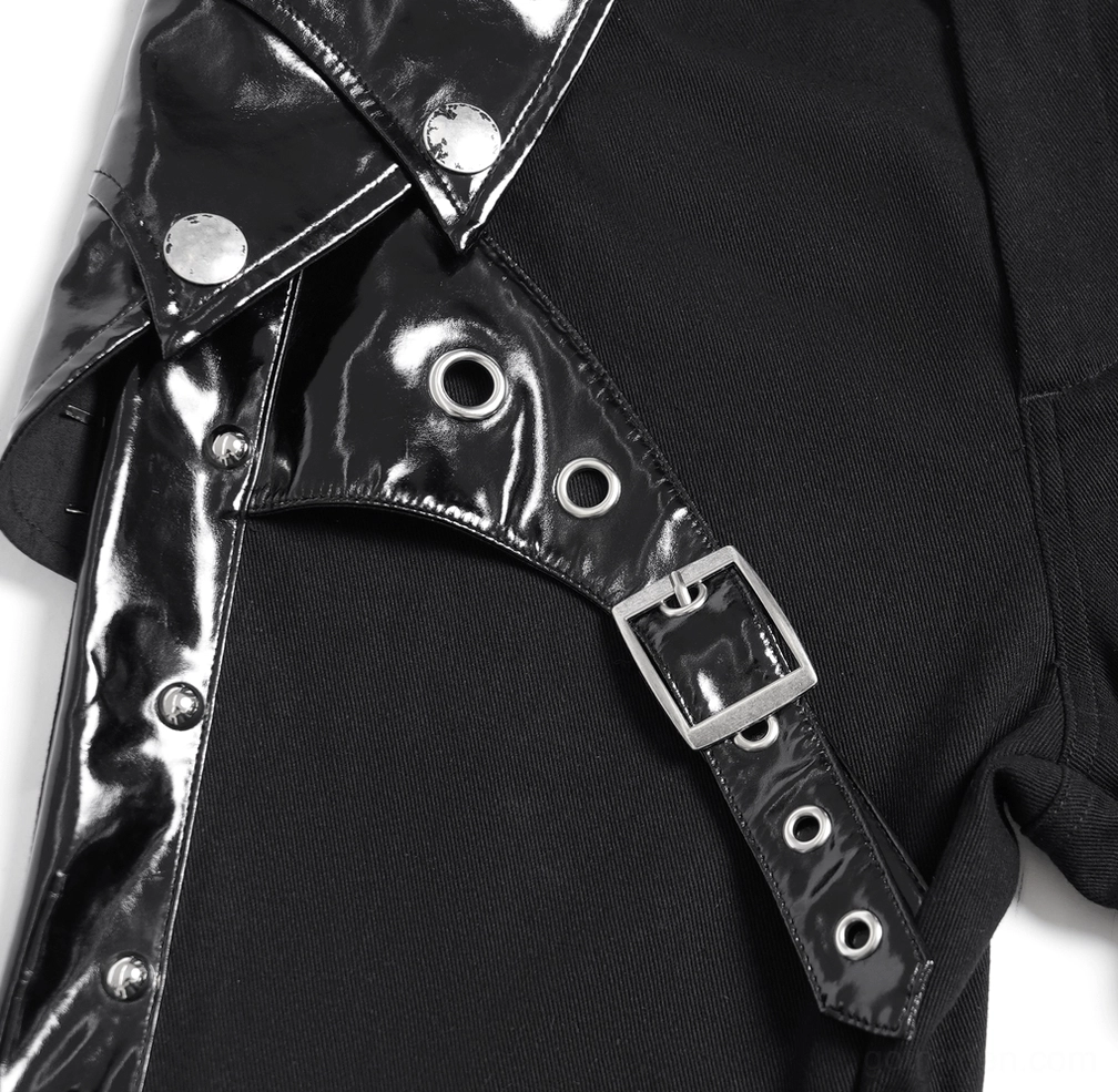 Black gothic leather pants hardware closeup featuring metal buckles eyelets and rivets on straps