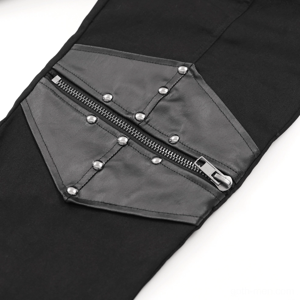 Leather reinforced knee panel and stud placement on gothic alternative pants