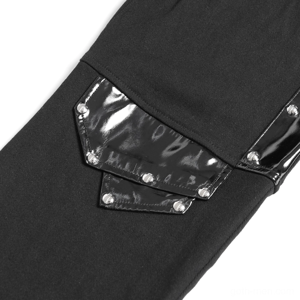 Gothic leather pants detail shot showing metal stud placement on knee area and fitted construction
