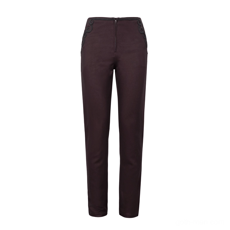 Flat lay detail view of wine red gothic pants showing front waist area with ornate lace pocket embroidery and zip hardware