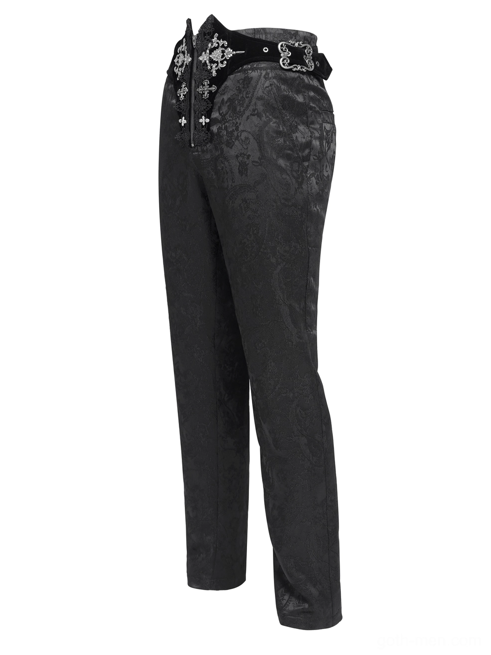 Gothic pants flat lay displaying lace-up waist closure system and black brocade fabric texture