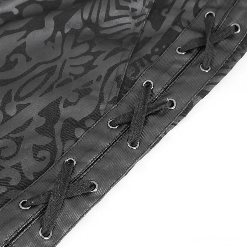 Side lace-up grommet detail with ornate floral damask fabric print on gothic pants