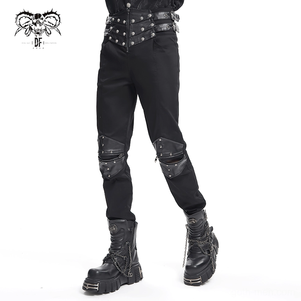 Leather strap system detail on gothic pants leg construction