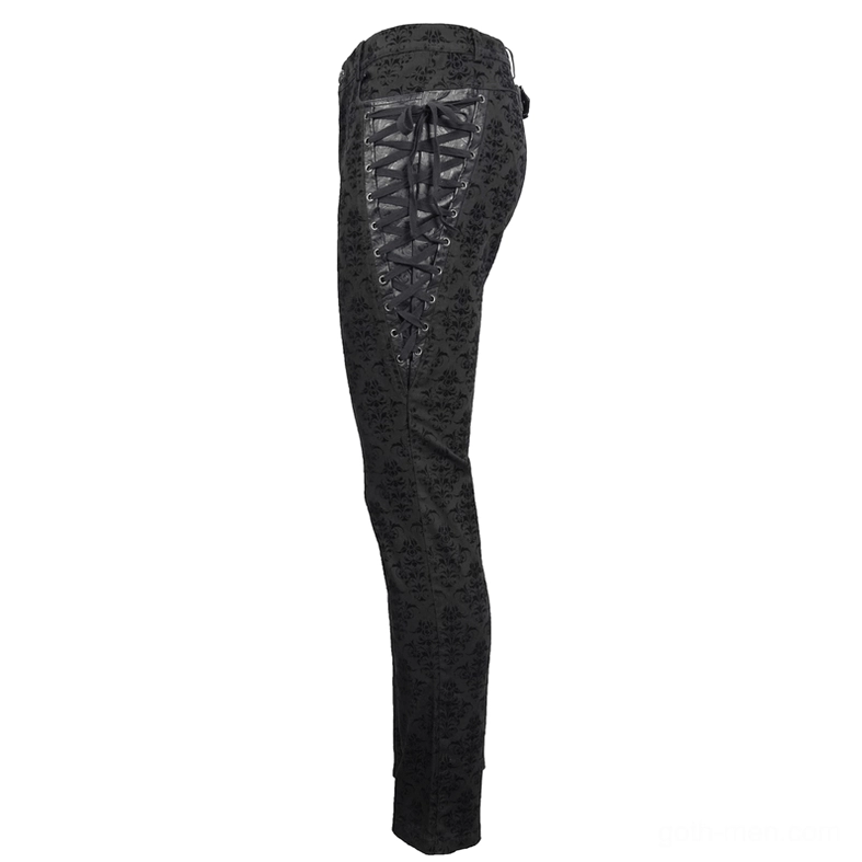 Close-up detail of single pant leg showing corset-style leather lace-up trim, metal eyelets, and damask fabric texture