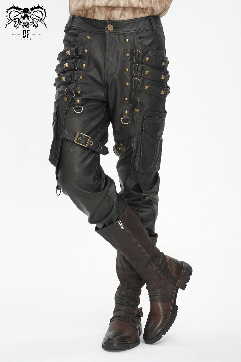 Lower leg and ankle area of gothic studded cargo pants showing leg opening and strap connections