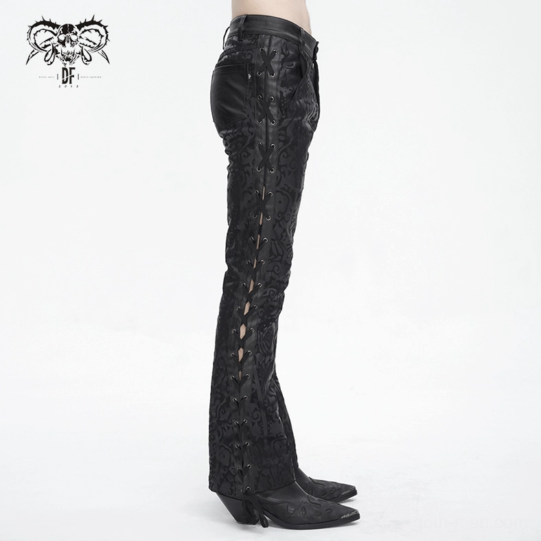 Bottom view of gothic pants leg opening showing flared cut and fabric construction