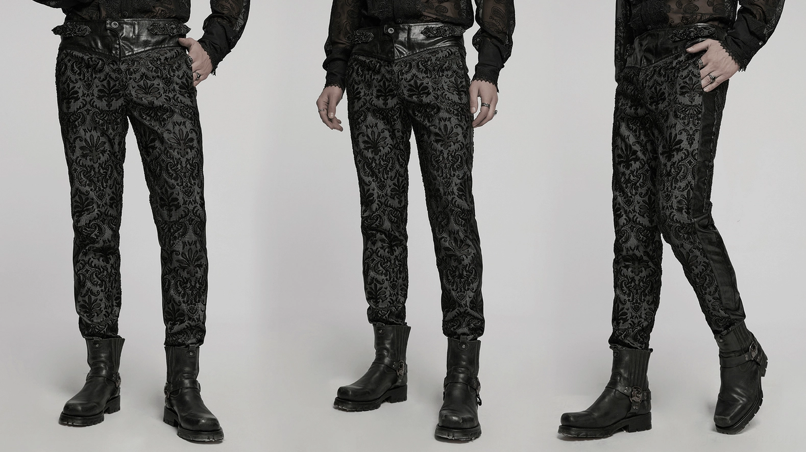 Detail shot of gothic pants leg taper and lace embroidery pattern from side angle