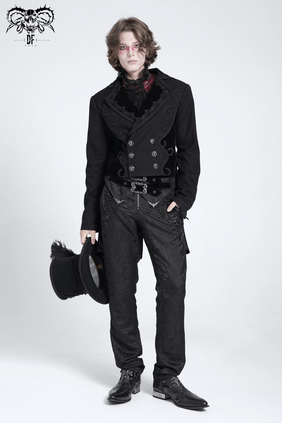 Gothic velvet corset jacquard pants - detail focus on ornate metal buckles, seaming, and bead embroidery elements